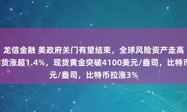 龙信金融 美政府关门有望结束，全球风险资产走高，纳指期货涨超1.4%，现货黄金突破4100美元/盎司，比特币拉涨3%